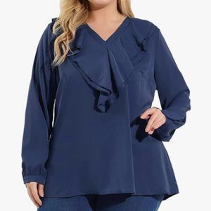 Blue Ruffle Front Chiffon Blouse Plus Sized - NWT